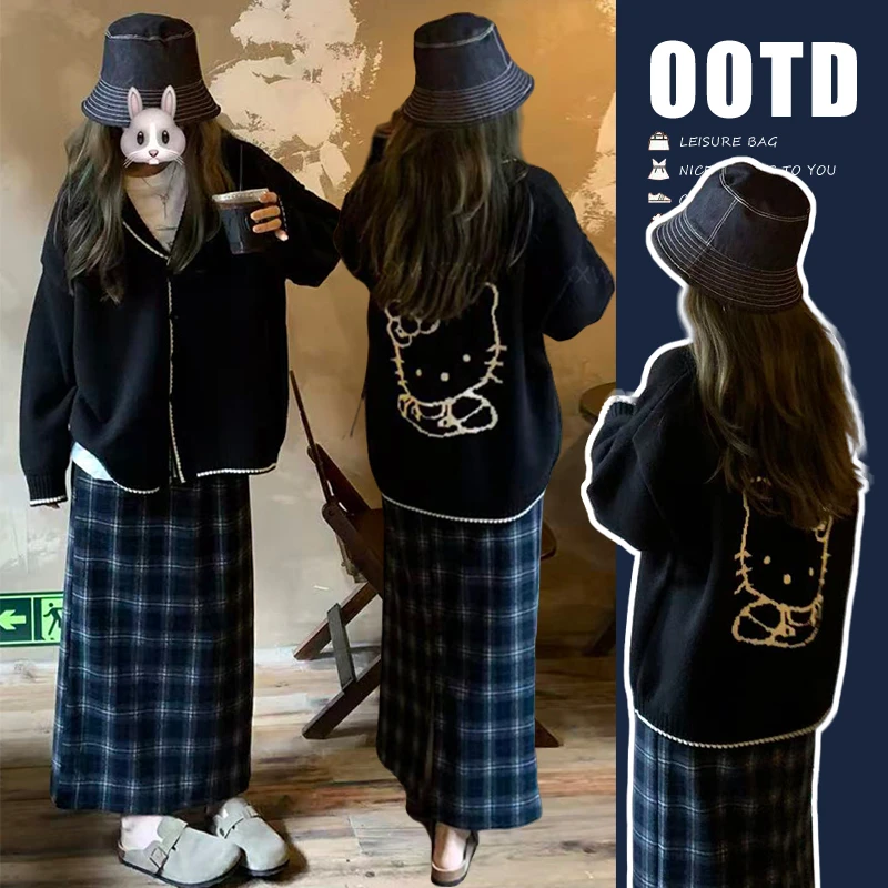 秋冬套装2025爆款孕妇装洋气慵懒风加厚毛衣外套格子半身裙两件套