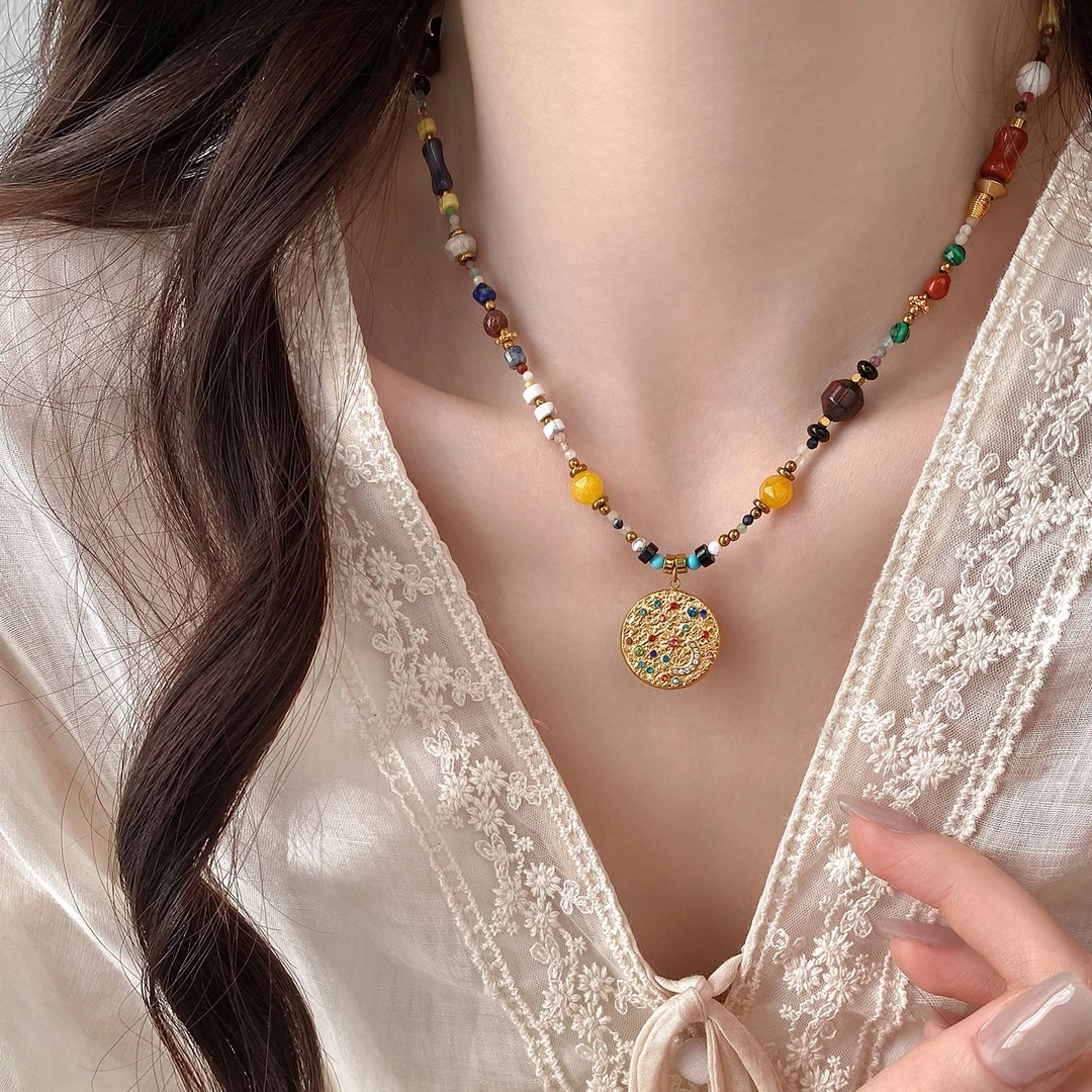 铜合金项链 金色民族风串珠吊坠项链女款中古国风复古锁骨链颈链