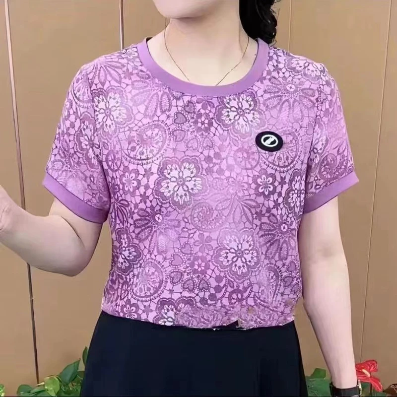 夏季新款修身显瘦时尚圆领印花短袖洋气气质小衫妈妈装减龄上衣潮