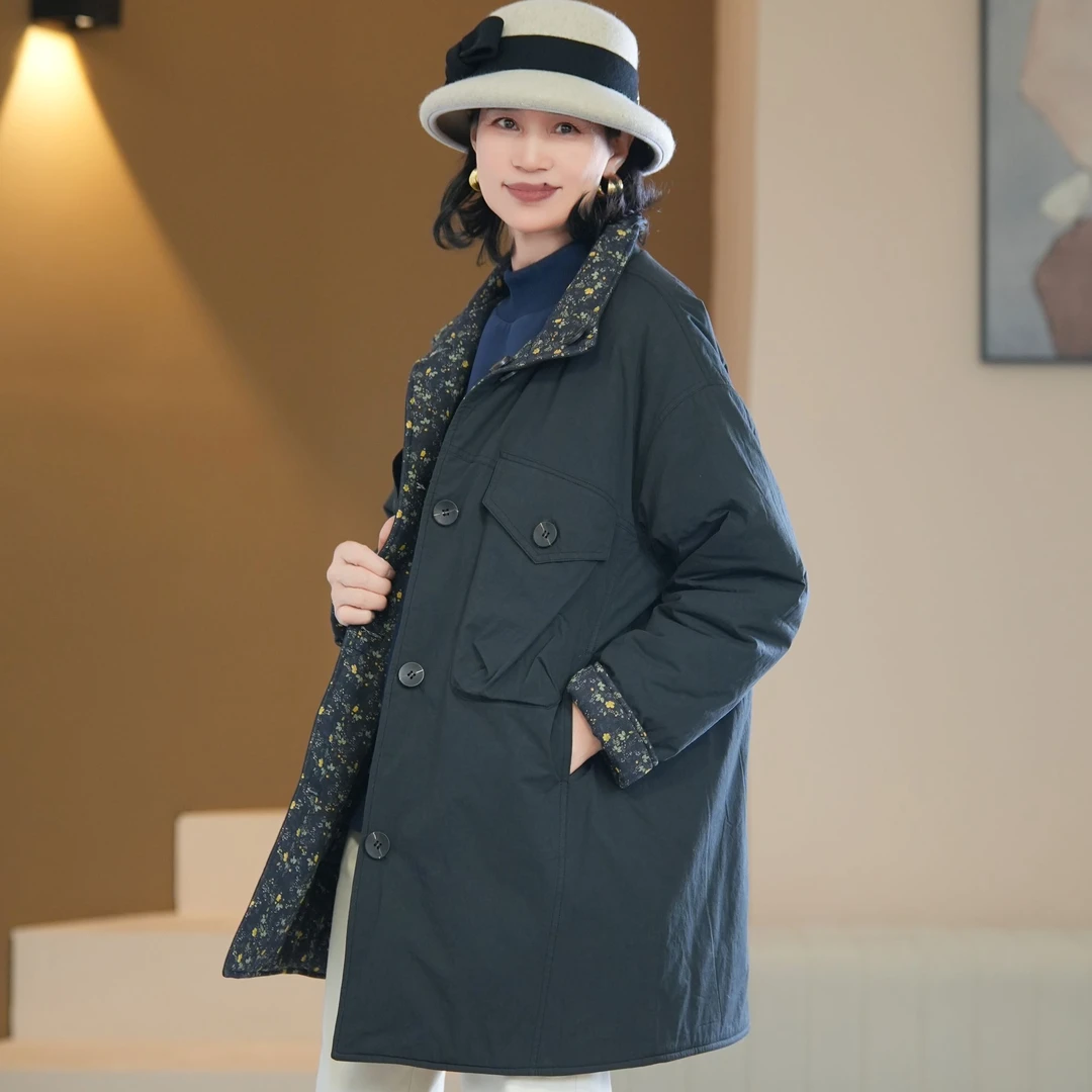 满天星+黑色两面穿长款两面穿棉袄秋冬防风女士保暖棉衣25956