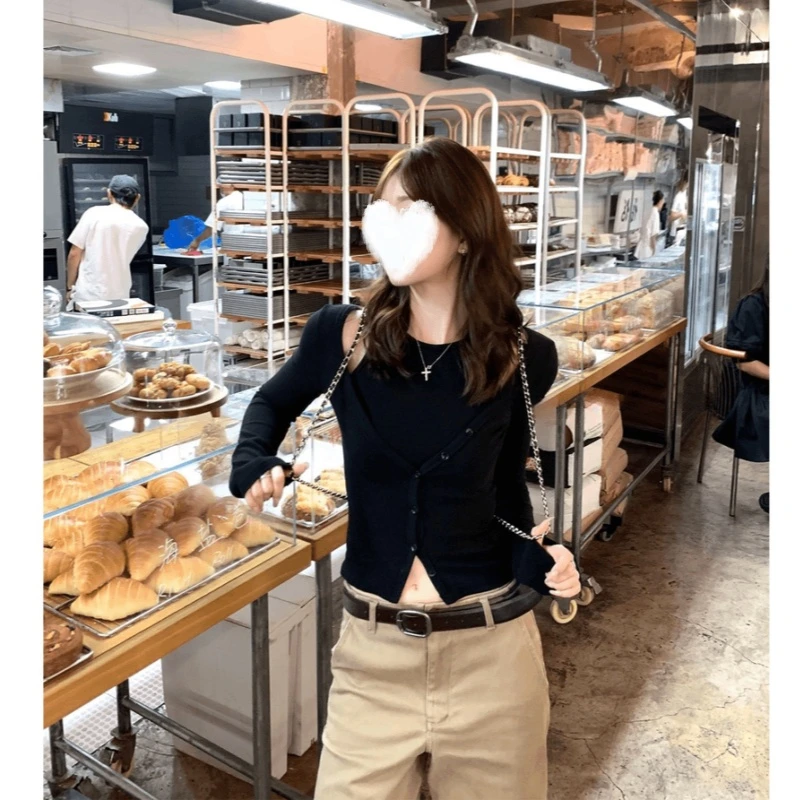 YIDENG秋季新款开衫长袖打底衫显瘦内搭收腰气质辣妹复古两件套女