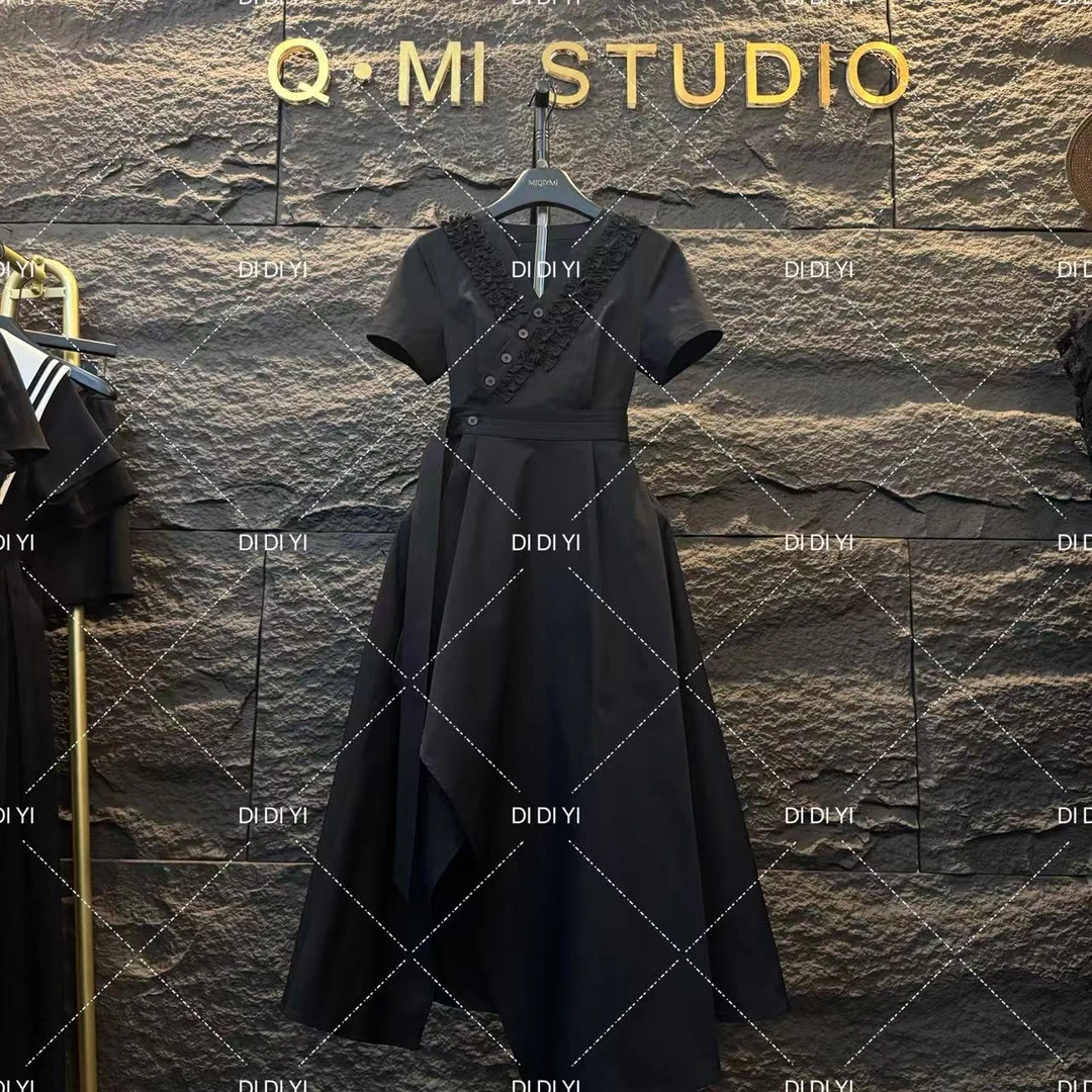 2025原创大码高定设计款Y字捏折花边长裙套装高级休闲显瘦25126