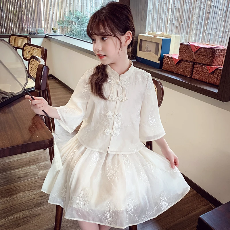 2025新款套装连衣裙汉服薄款夏季女大童仙气唐装中式单排扣女童