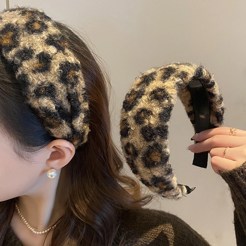 豹纹宽边羊羔毛发箍女显脸小发卡遮发缝头箍复古百搭秋冬新款头饰