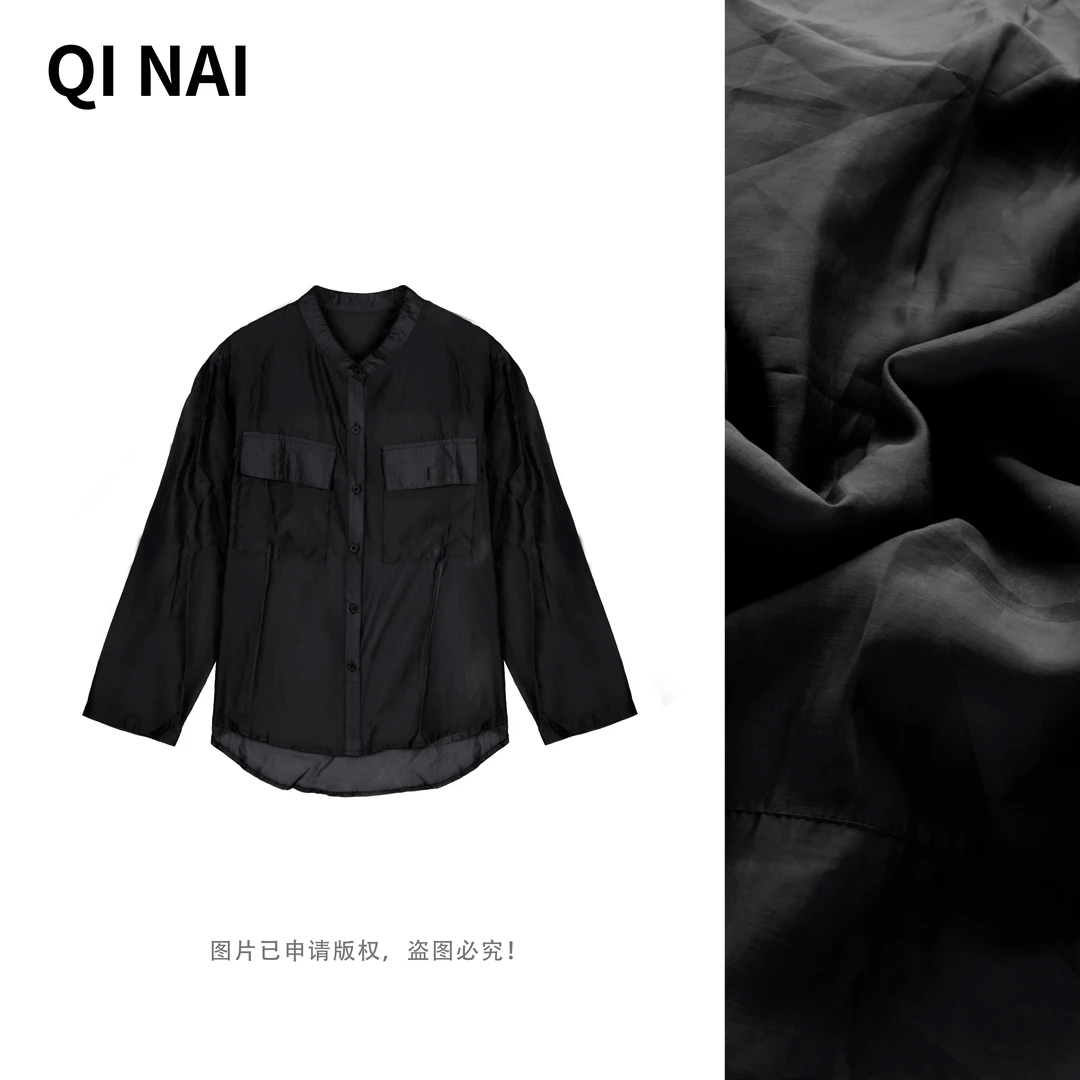 七奈推荐【厉巧】纯色小立领衬衫复古休闲百搭双口袋上衣QN12265