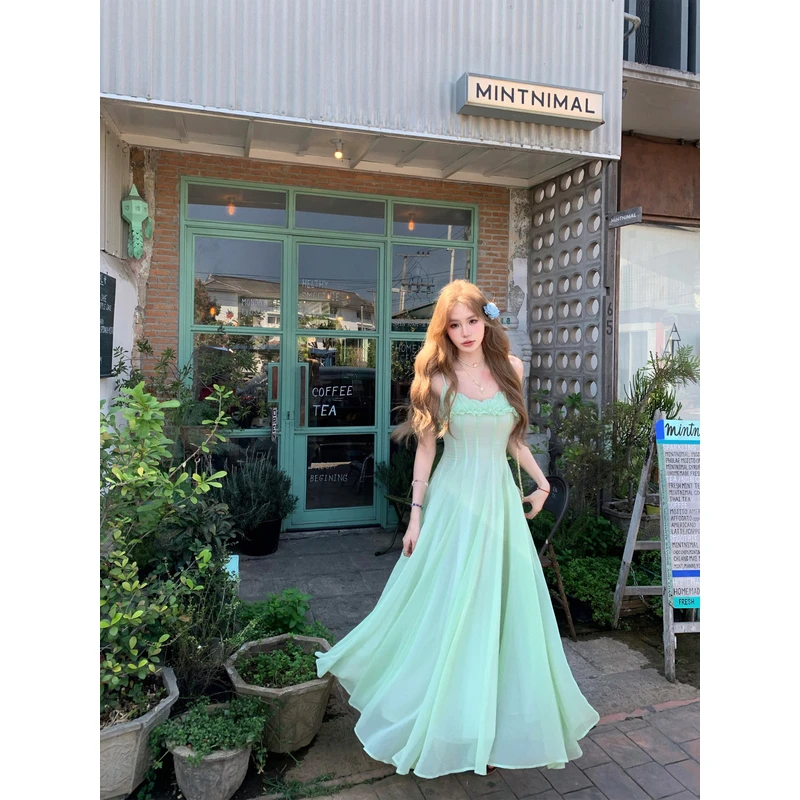 八盖pinky piggy 月光罗蔓 薄荷绿花边雪纺连衣裙女鱼骨收腰纱裙
