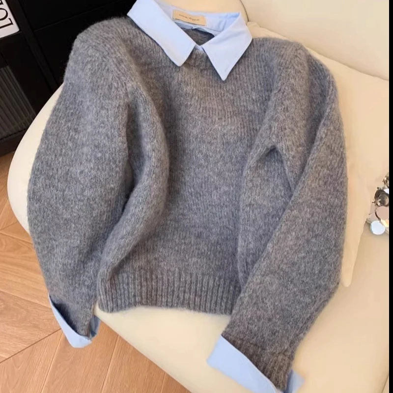 假两件衬衫领毛衣女秋冬加厚新款内搭慵懒风撞色灰色针织衫上衣