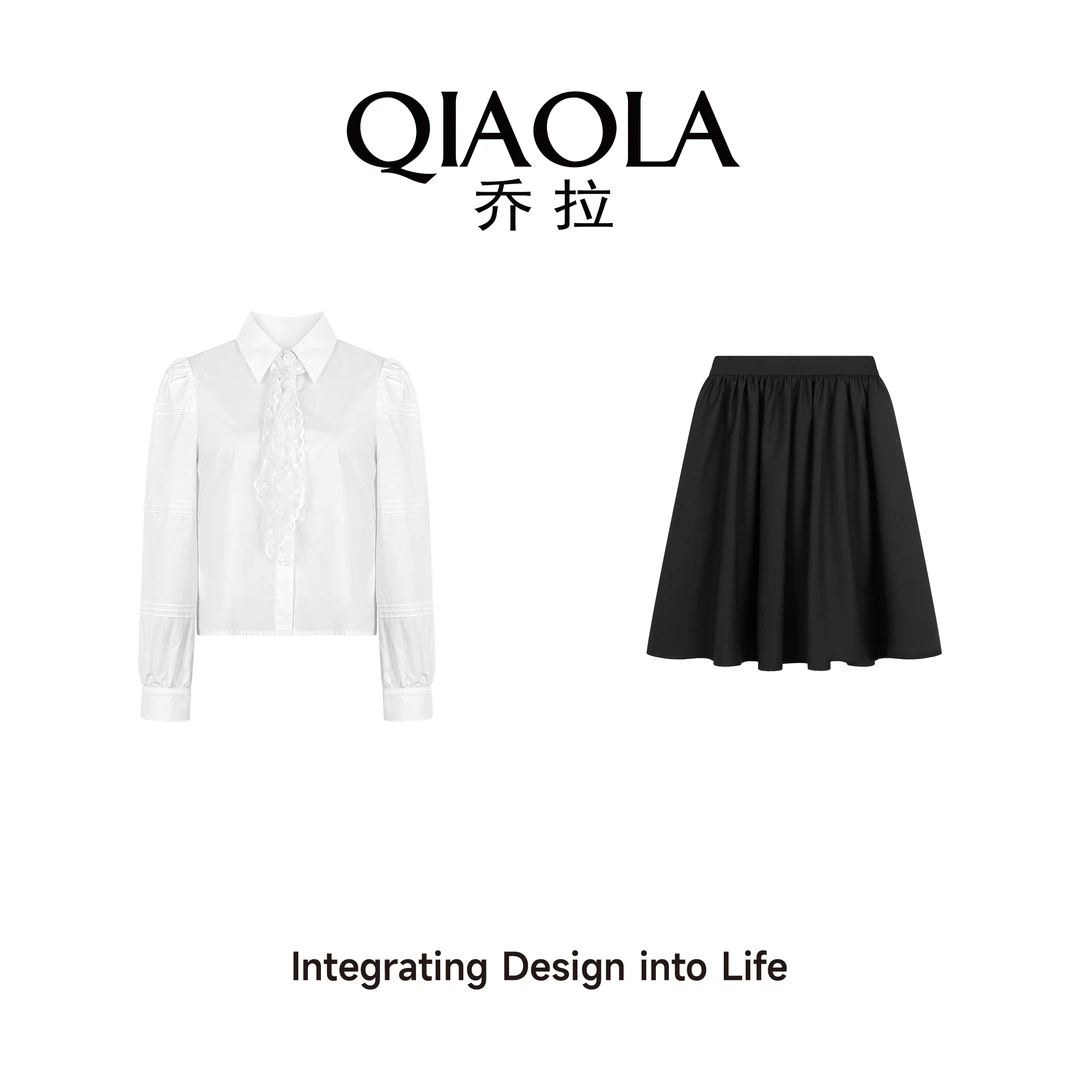 QIAOLA/乔拉【悠悠女孩】春季新款梭织袖设计休闲百搭显瘦套装预售