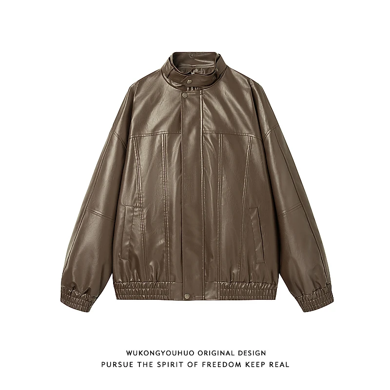 悟空有货美式潮牌拼接PU皮立领夹克男女复古宽松情侣百搭皮衣外套