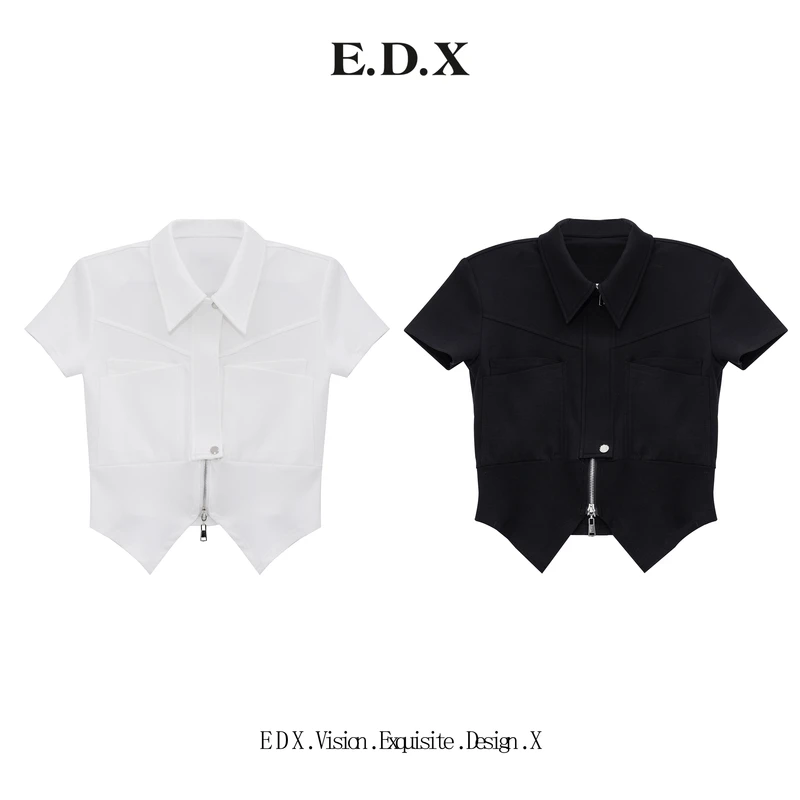 EDX夏季新款polo领双拉链口袋短袖T恤女垫肩酷飒显瘦上衣93917