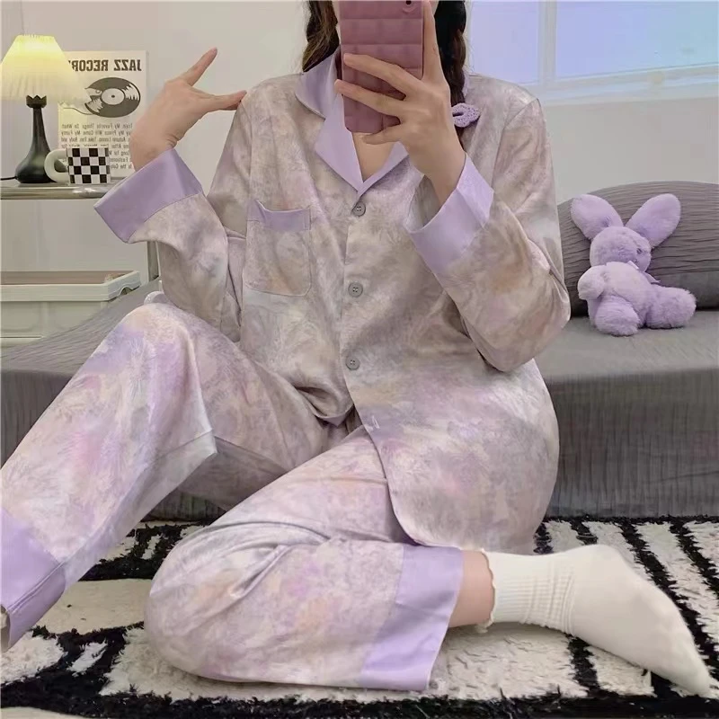 【紫黛】春季爆款丝柔印花睡衣高级感优雅气质透气长袖女套装1711