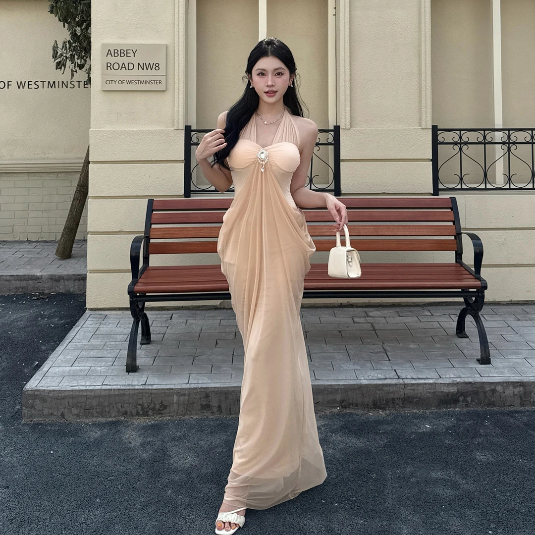 【希腊女神】法式一字肩优雅礼服裙复古夏季显瘦气质名媛长款连衣裙