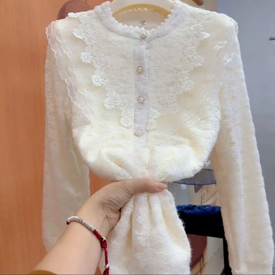 【退货补运费】花边网纱半开领大码长袖套头加绒水貂绒蕾丝衫
