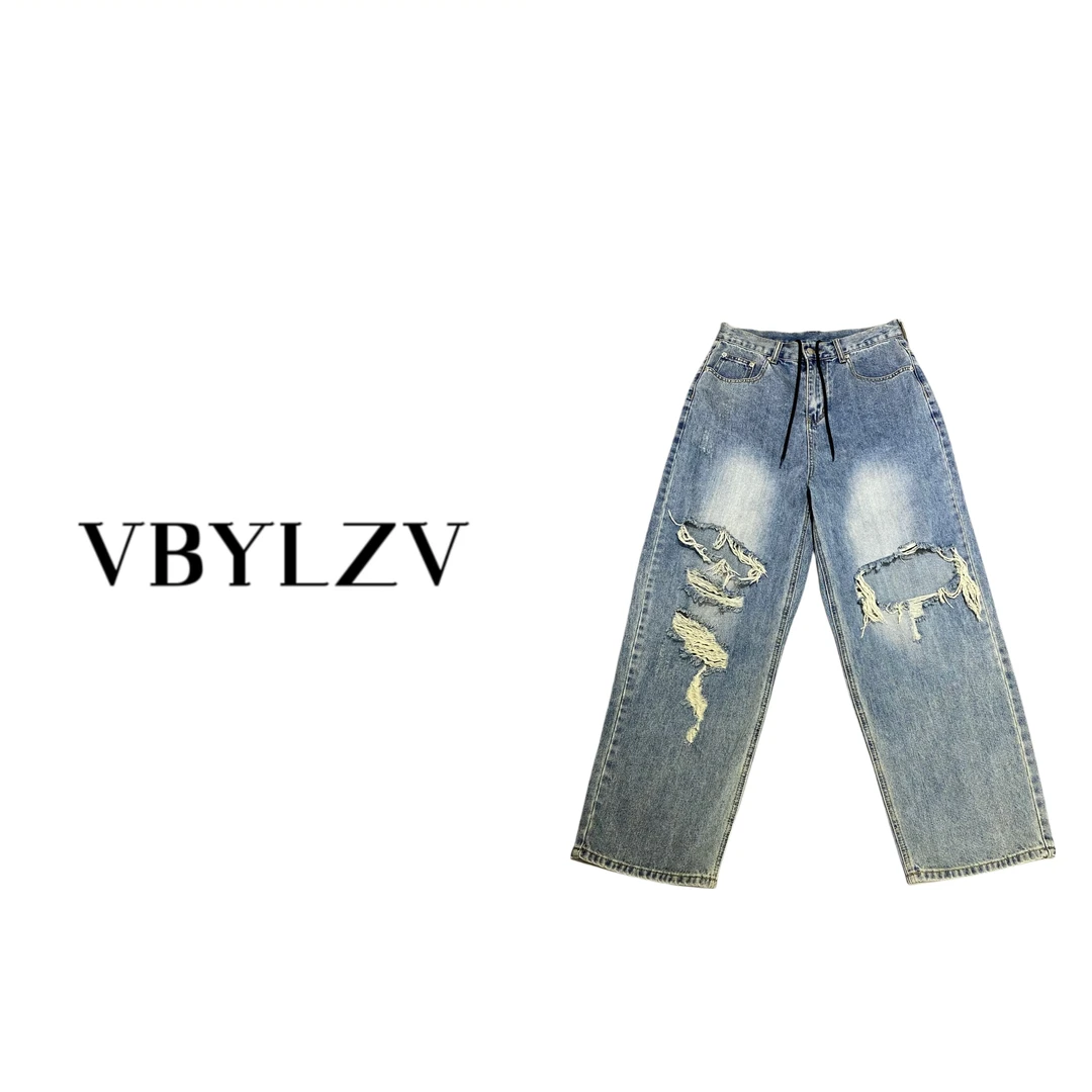 25SS街头破洞缝线宽松水洗阔腿baggy裤型 男女同款牛仔裤