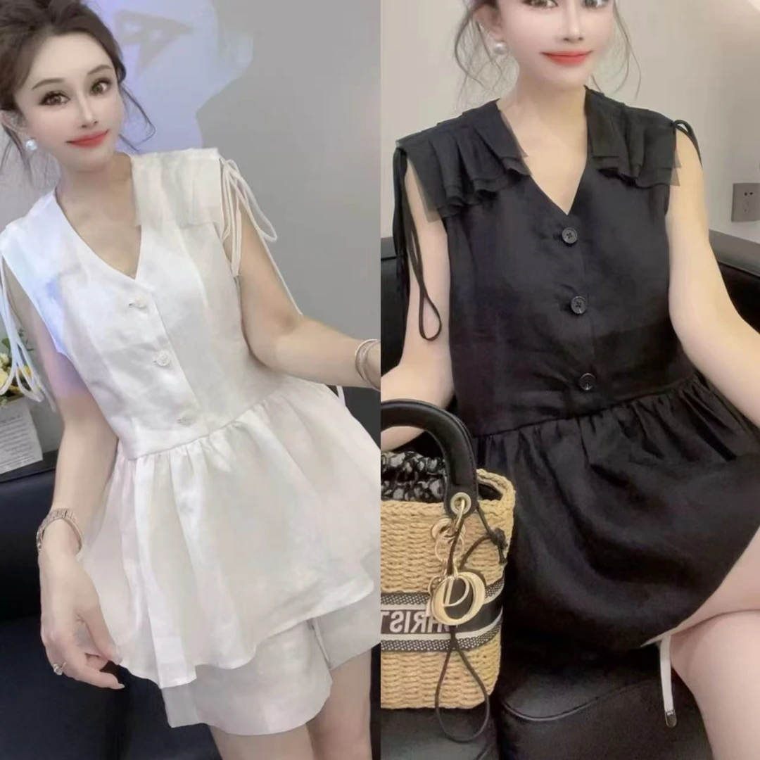 L L琳欧货气质衬衫洋气设计感拼接荷叶边v领显瘦减龄上衣潮25112