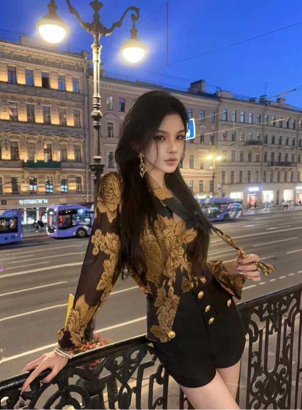 夏媛原创2025国风原创黑配金花朵上衣性感透明衬衫修身显瘦衬衣女