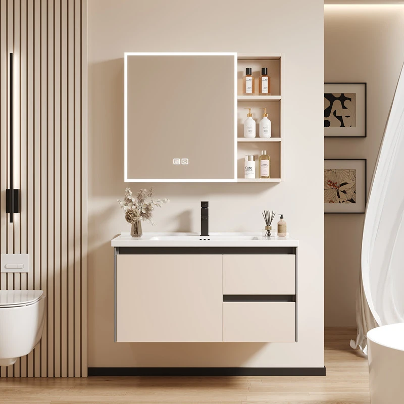 2025新款抽屉奶油风浴室柜太空铝卫生间陶瓷一体盆洗脸盆洗漱台