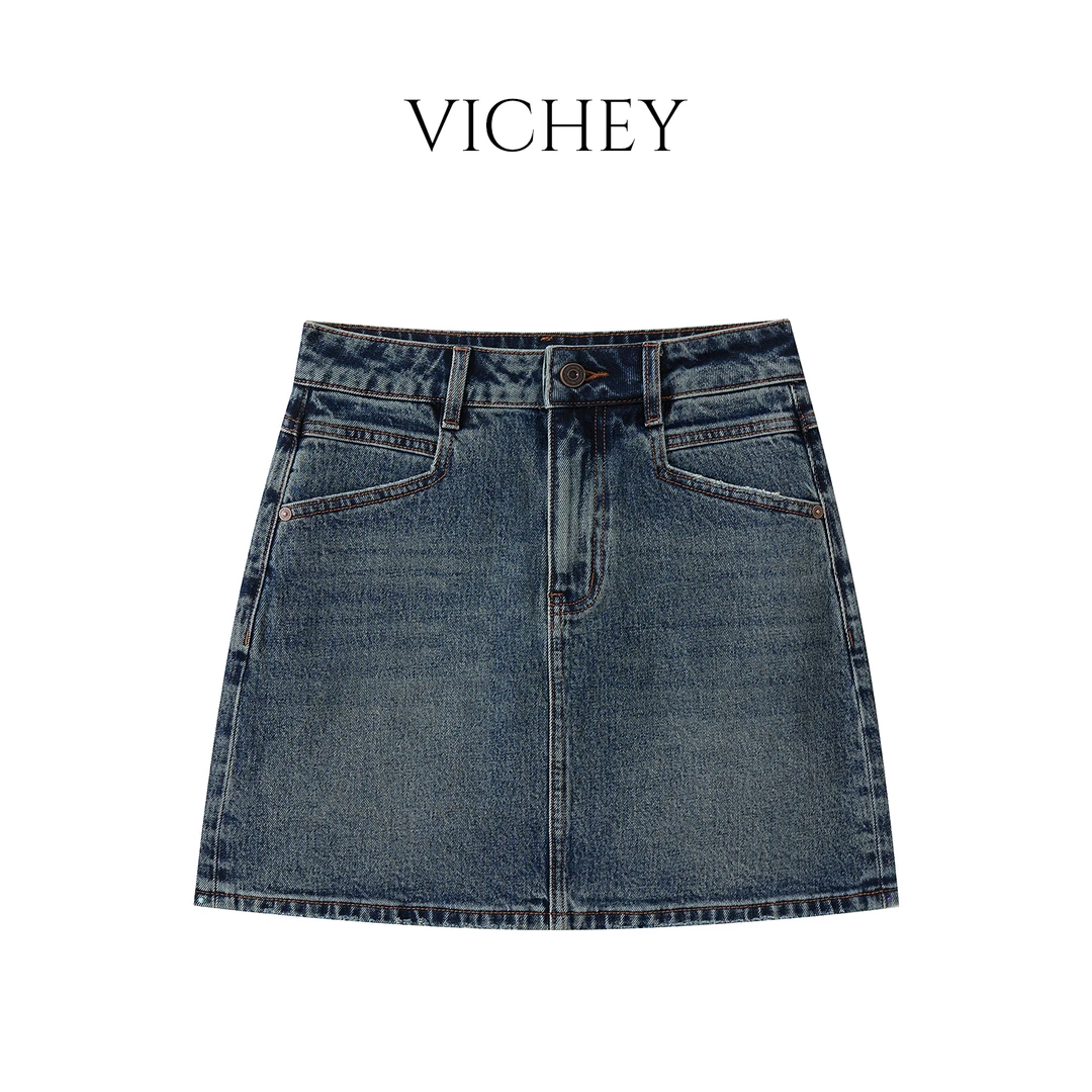 VICHEY [皎月]夏季时尚休闲百搭A字中高腰牛仔短裙半身裙-F092