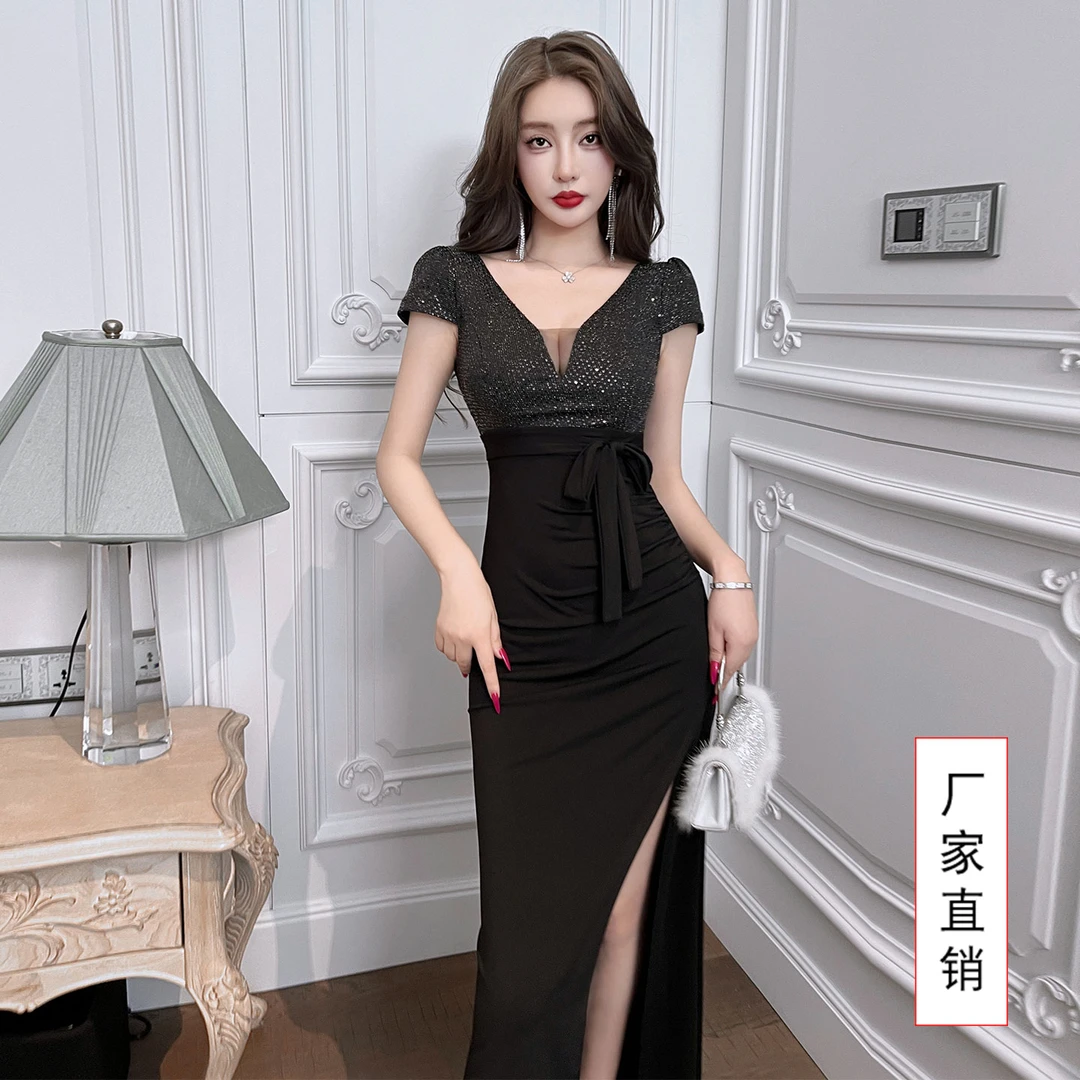 短袖H型裙轻熟风中长裙V领连衣裙技师职业包臀裙开叉