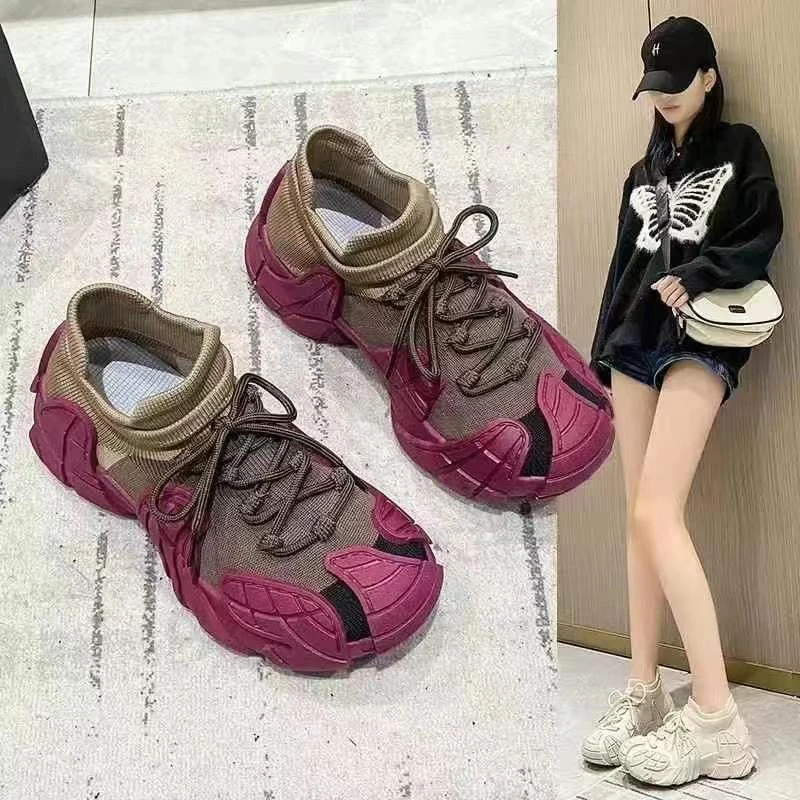 透气飞织袜子鞋厚底增高防滑耐磨运动老爹鞋女款踩屎鞋