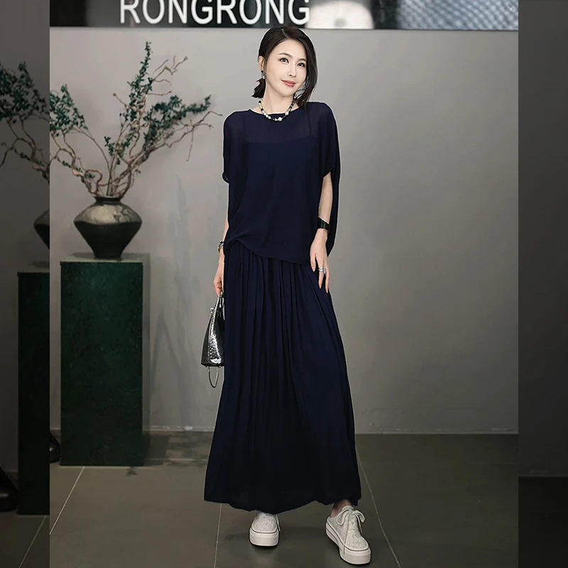溶溶【织韵姿夏】RONG 莱赛尔亚麻一字领上衣半裙套装C-S210801-2