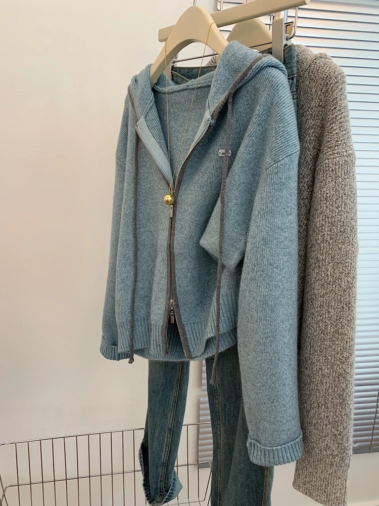 韩版慵懒风连帽拉链针织开衫女秋季新款蓝色宽松显瘦上衣软糯外套
