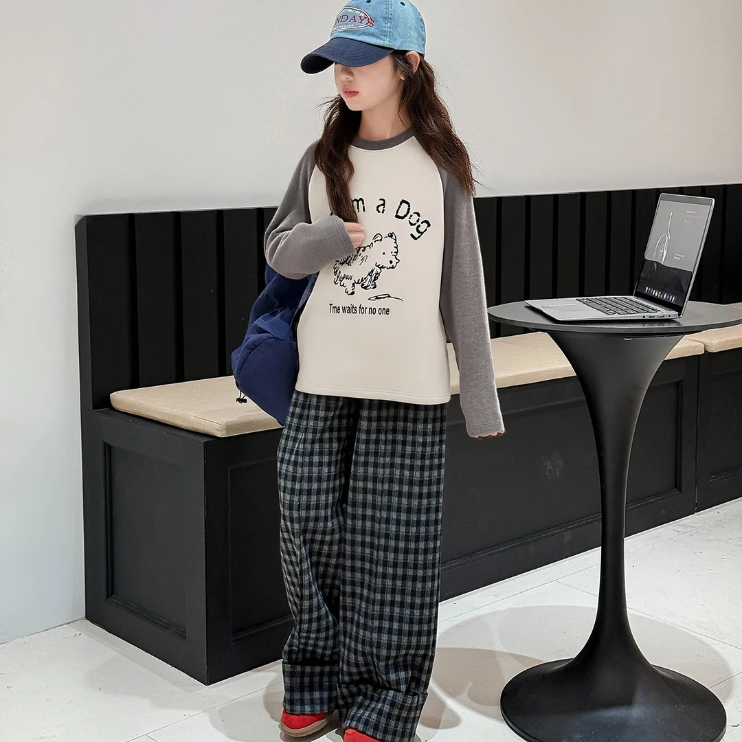 25TX038女童冬季新款插肩袖打底衫2025中大童休闲保暖套头撞色T恤