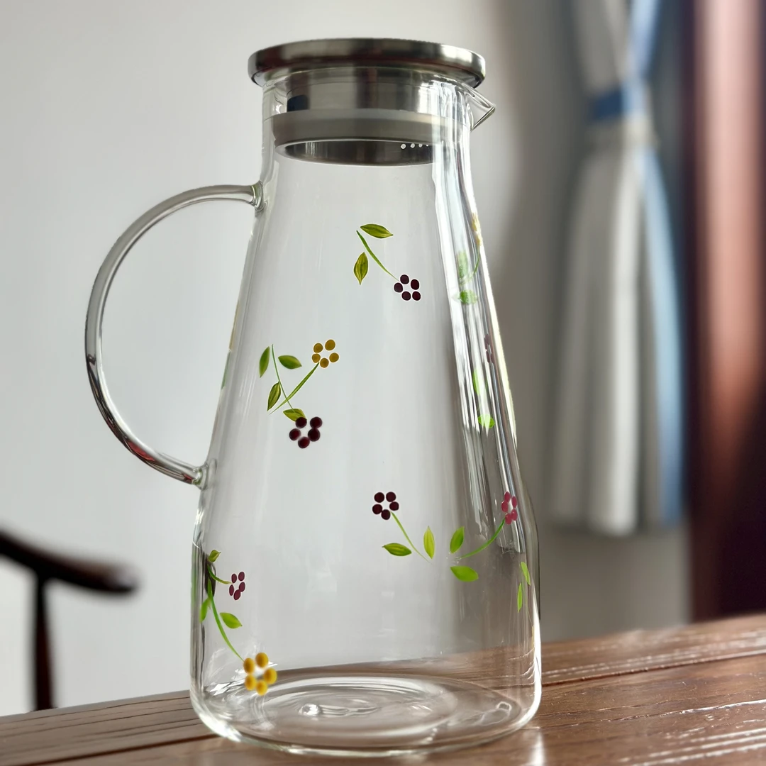 手绘碎花不锈钢盖高硼硅凉水壶玻璃果汁壶花茶壶