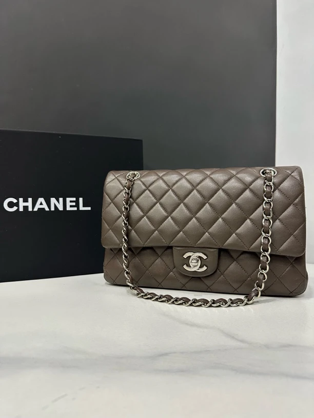 95新 Chanel/香奈儿 棕色cf链条包13开25cm/0035011102
