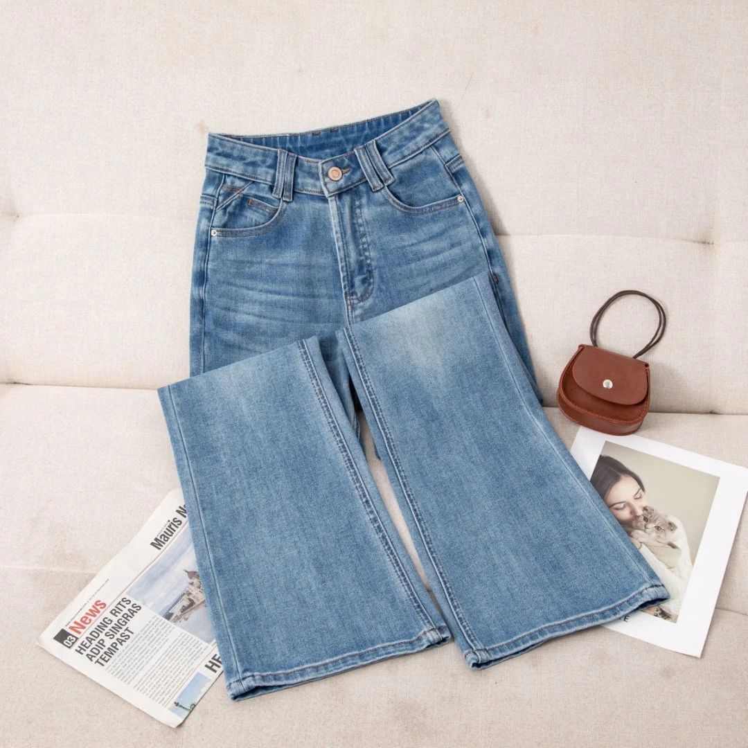 冰蓝·弹筒叭高腰喇叭牛仔裤阔腿通勤裤百搭显瘦浅色牛仔裤阔腿裤