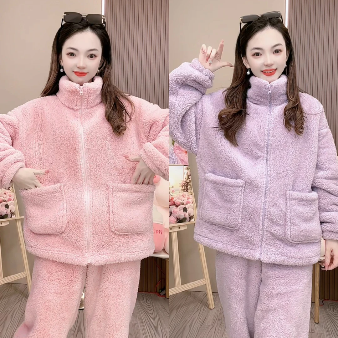 [情侣款】时尚休闲珊瑚绒睡衣双面加绒保暖居家外穿套装