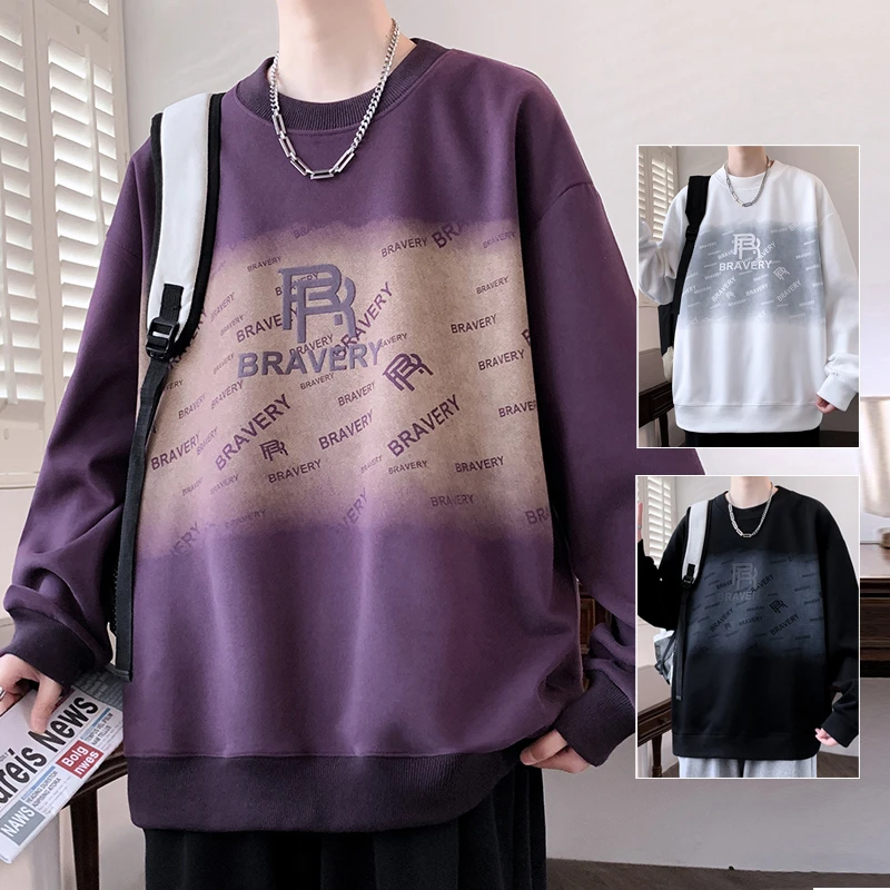 渐变无帽卫衣男春秋款潮牌帅气学生长袖t恤休闲宽松上衣美式外套