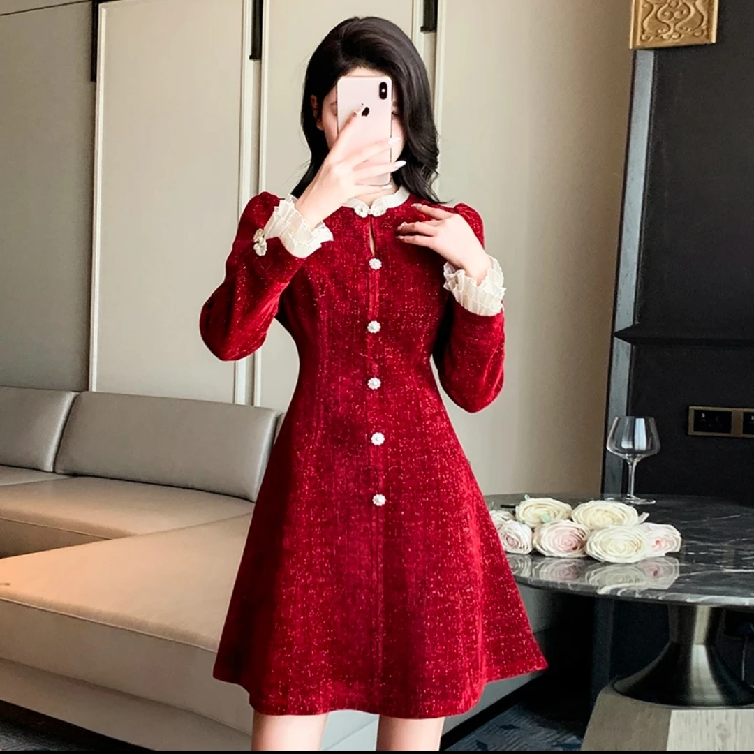 【文文专属】D127新年2025花边领气质高级显瘦长袖中长款网红连衣裙