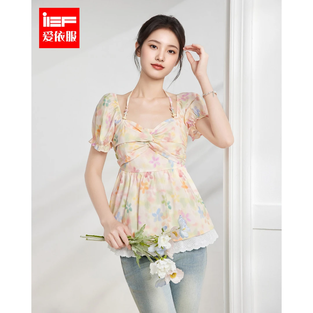 IEF/爱依服2025夏季新款法式甜美纯欲风碎花修身显瘦设计感裙上衣