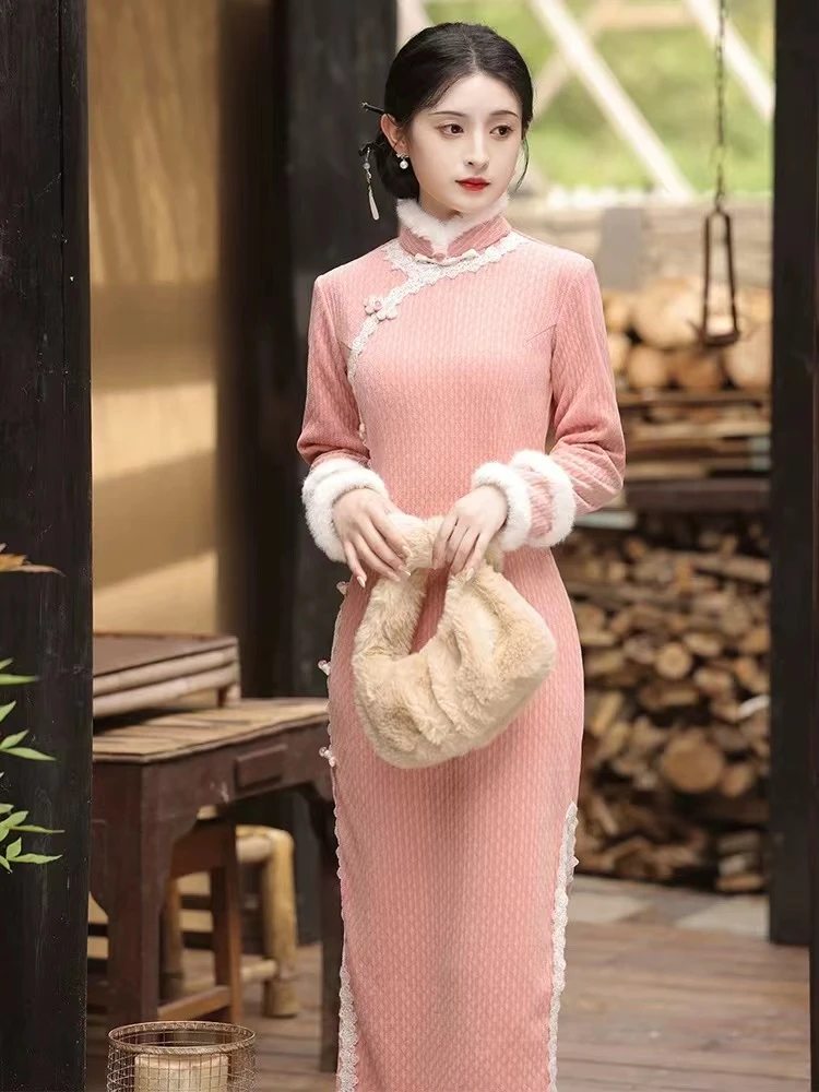 230-粉色 蚊香扣 蕾丝花边 淑女 改良旗袍