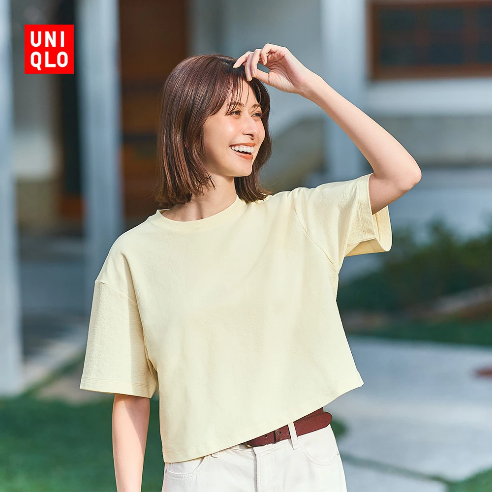 优衣库女装纹理感针织T恤/短袖短款宽松476076