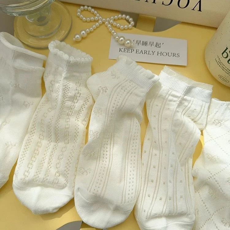 新款白色袜子女短袜夏季薄款花边芭蕾风透气网眼夏天短筒船袜简s