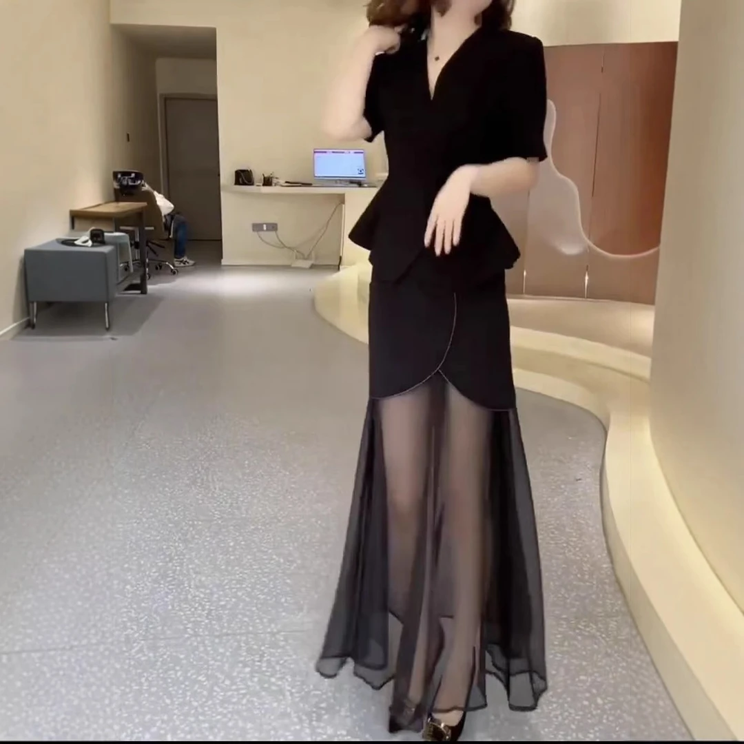 纯欲百搭气质套装女2025夏季新款黑色V领收腰上衣网纱半身洋气