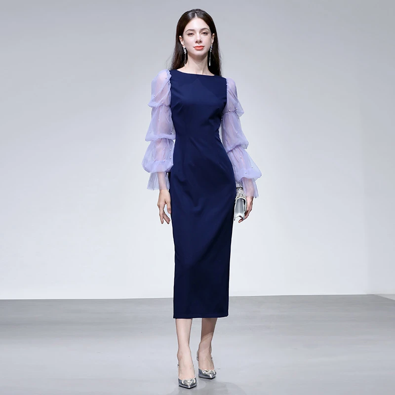 DF-秋新款圆领多层网纱钉珠灯笼袖收腰直筒长款连衣裙GC10135141