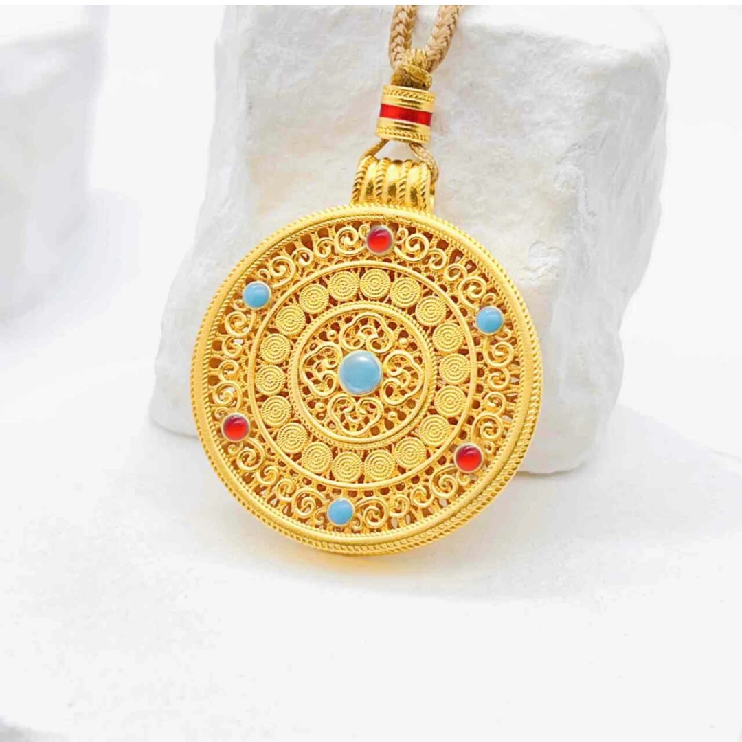 足金999珐琅真金纯古法罗盘吊坠