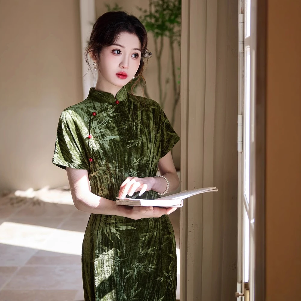 绿色旗袍2025新款春夏新中式改良年轻款送考复古民国日常