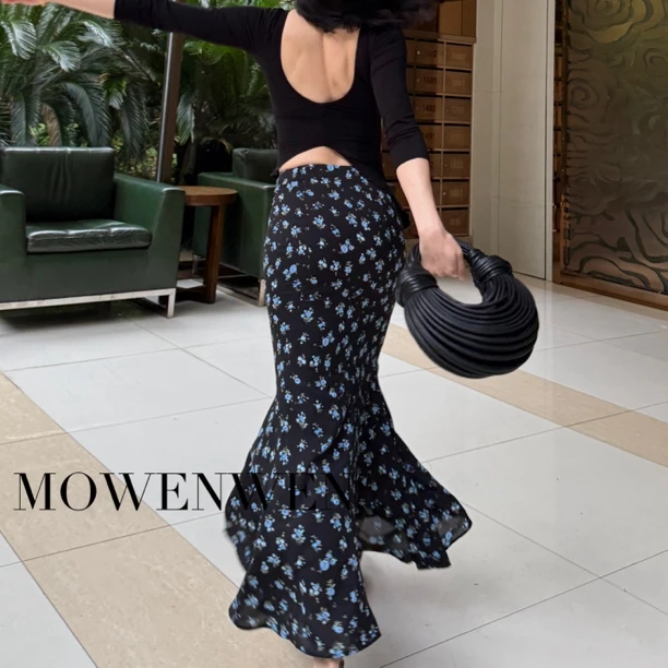 莫文文 兰屿花漾 韩系碎花半身裙女夏季高腰包臀修身鱼尾裙长裙