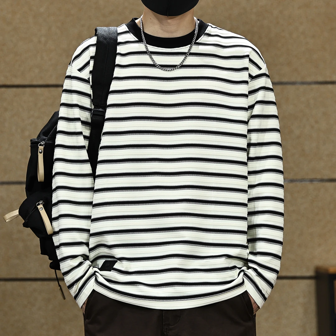 美式复古280g重磅长袖t恤男秋季新款宽松潮牌条纹海魂衫男装上衣