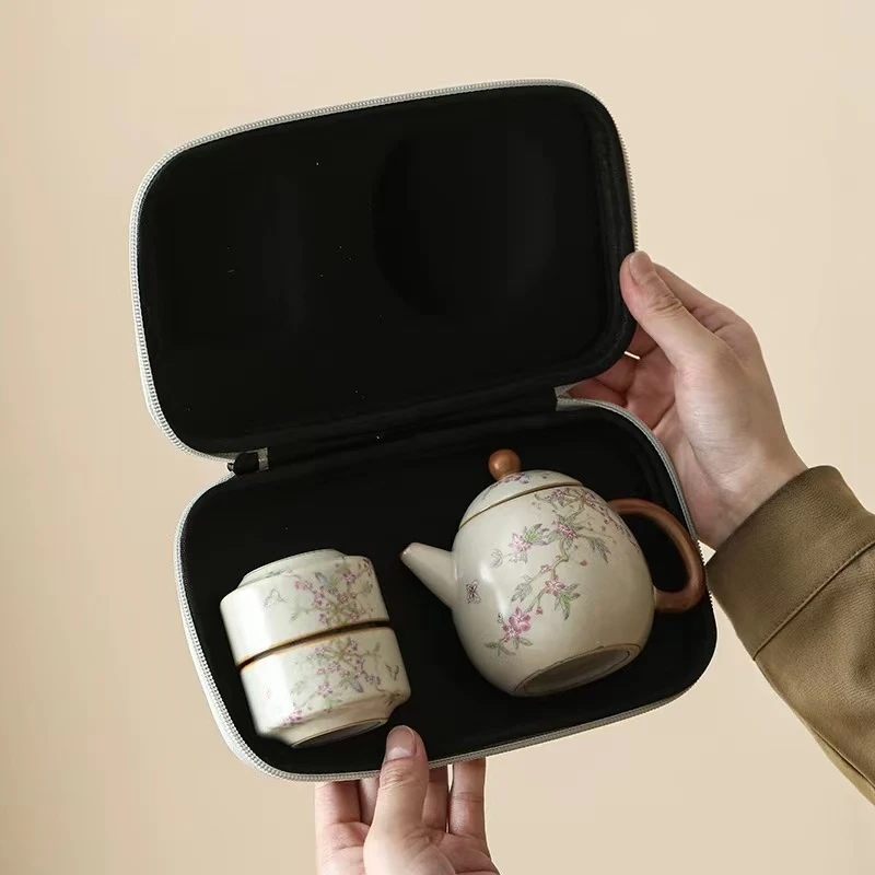 桃枝花一壶三杯旅行茶具075