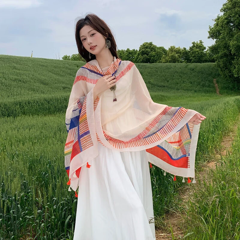 防晒披肩女外搭复古盘扣夏日旅游拍照百搭披风薄款围巾时尚包头巾