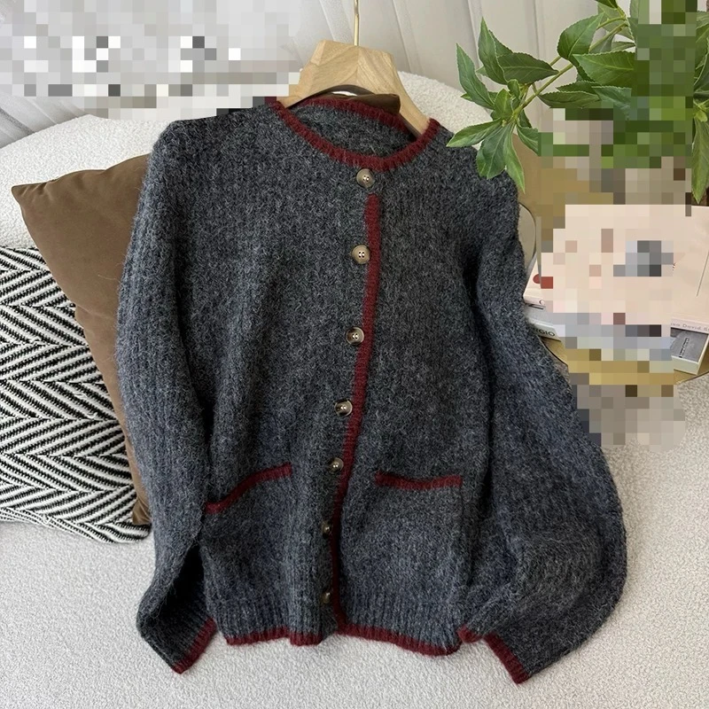 【李姑娘专属】23290慵懒高级感复古圆领撞色软糯针织开衫