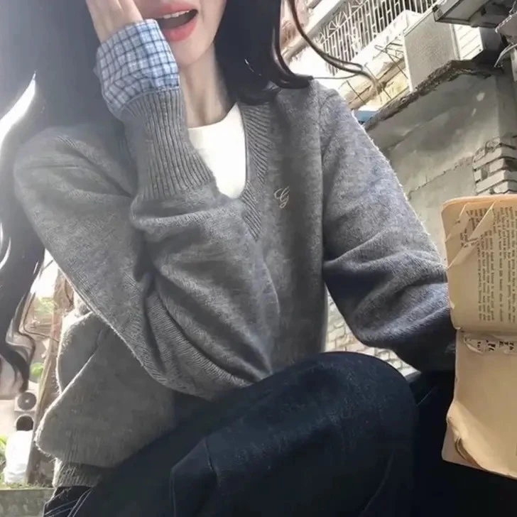 韩版慵懒风格雷系针织格纹拼接假两件毛衣女小众设计别致上衣秋冬