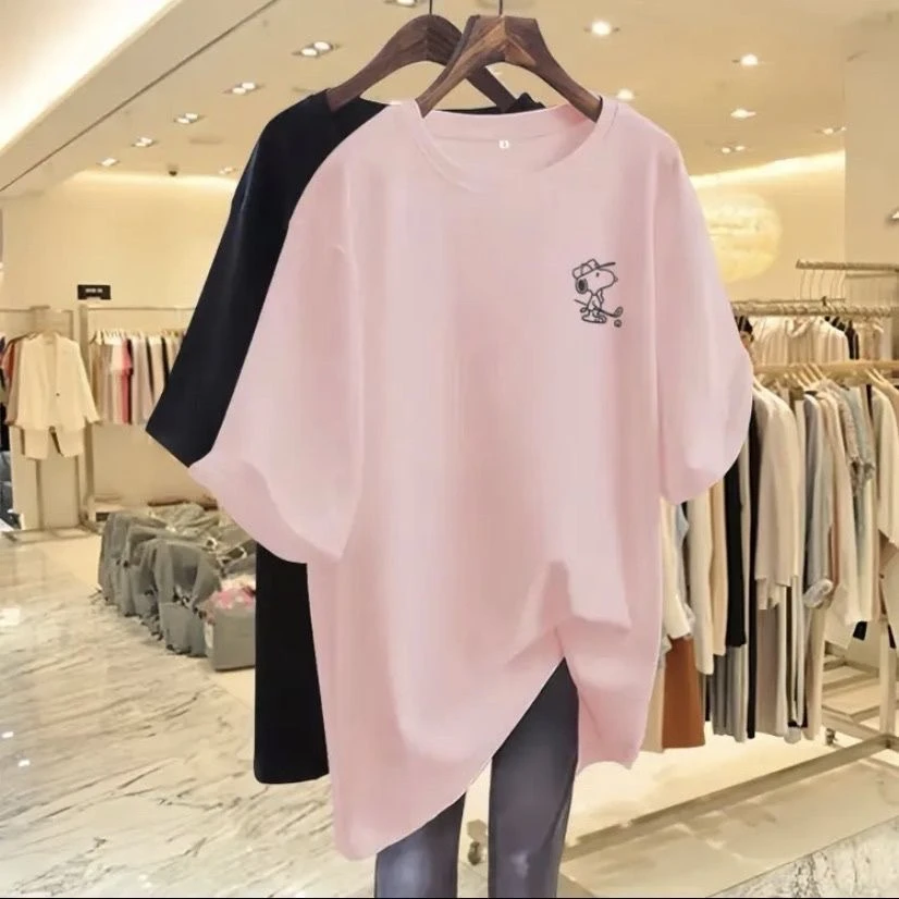 粉色纯棉卡通短袖t恤女2025夏季新款中长款宽松大码圆领上衣ins潮