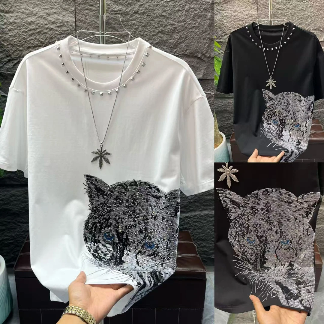 (郝先生)潮牌钉珠豹子烫钻轻奢高品质重工休闲百搭短袖