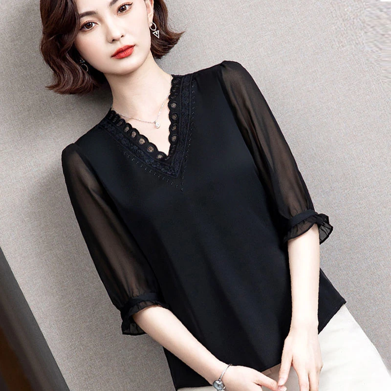 夏季新款2025年时尚夏装女五分袖上衣洋气V领遮肉宽松百搭雪纺衫